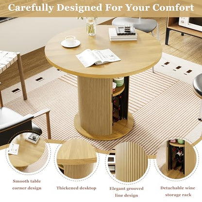 Wildhome Round Dining Table for 2-3, 31 Inch Dining Room Kitchen Table with 2-Tier Storage Shelf & Wine Rack, Modern Farmhouse Fluted Wood Slide Door Dinner Furniture,Circle(Non scalable-32 Inch-Oak) - color: Non-scalable-32 Inch-oak