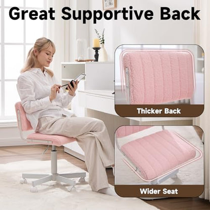 Office Chair Vanity Chair with Wheels | Comfy Desk Chair with Back | Cute Teddy Armless Adjustable Swivel Chair | Small Vanity Stool | for Bedroom Home Computer Task | Pink - color: Pink