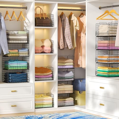 6-Tier Stackable Closet Organizers and Storage Basket - Foldable Closet Shelf Organizer System, Sturdy Metal Space-Saving Clothes Storage Bins for Wardrobe, Black - color: Black, size: 6-Tier