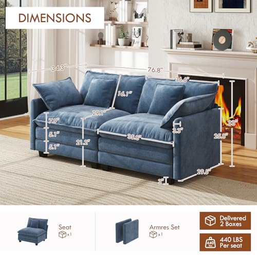 77" Cloud Sofa Loveseat, Comfy Sectional Couch, 2-Seater Chenille Deep Seat Sofa with Throw Pillows for Living Room Bedroom Apartment (Blue) - color: Blue, size: 77" Sofa