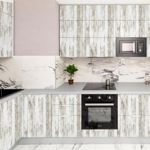 WENMER White and Brown Rustic Wood Grain Wallpaper, 17.3" x 590". Peel and Stick, Waterproof, Multi-Surface Use - size: 590" x 17.3"