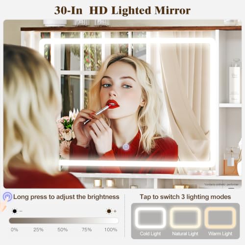 Arulvmrn 43" Large Vanity Desk with 30" HD Lighted Mirror,Modern Vanity Desk with Mirror and Lights, Makeup Vanity with 5 Drawers and Storage Shelves and Charging Station, White2300 - color: White