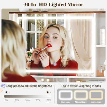 Arulvmrn 43" Large Vanity Desk with 30" HD Lighted Mirror,Modern Vanity Desk with Mirror and Lights, Makeup Vanity with 5 Drawers and Storage Shelves and Charging Station, White2300 - color: White