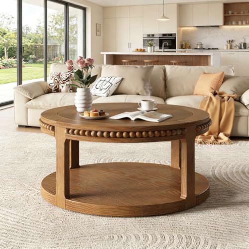 31.5" Round Wood Coffee Table, 2 Tier Modern Center Table,Solid Wood+MDF, Easy Assembly, Accent Table for Living Room, Apartment, Small Space. (Walnut) - color: Walnut-m