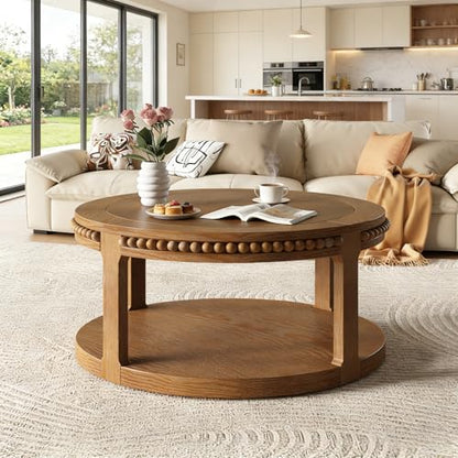 31.5" Round Wood Coffee Table, 2 Tier Modern Center Table,Solid Wood+MDF, Easy Assembly, Accent Table for Living Room, Apartment, Small Space. (Walnut) - color: Walnut-m
