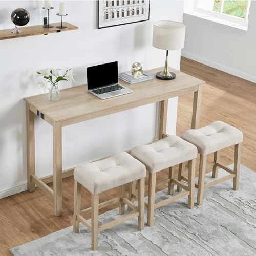 59" Counter Height Bar Table Set with Power Outlet, Industrial Breakfast Table with 3 Padded Stools, 4 Piece Bar Table and Chairs Set for Living Room, Dining Room, Light Oak - color: R1-light Oak
