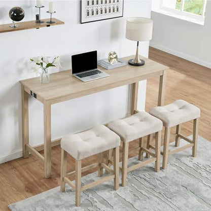 59" Counter Height Bar Table Set with Power Outlet, Industrial Breakfast Table with 3 Padded Stools, 4 Piece Bar Table and Chairs Set for Living Room, Dining Room, Light Oak - color: R1-light Oak