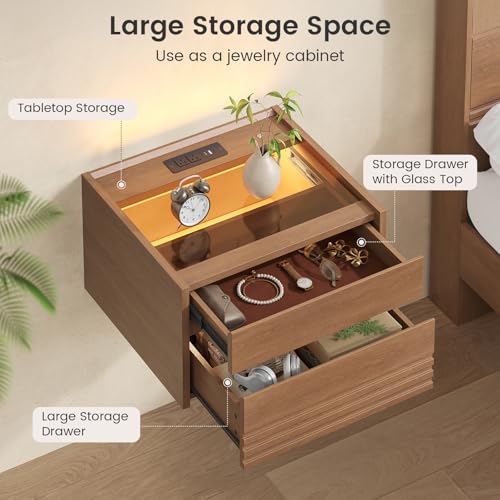 Floating Nightstand Set of 2with Charging Station and LED, Brown | Wall Mounted with Touch Control Light, Fluted Glass Drawer, Bedside Table for Small Spaces, Easy Assembly
