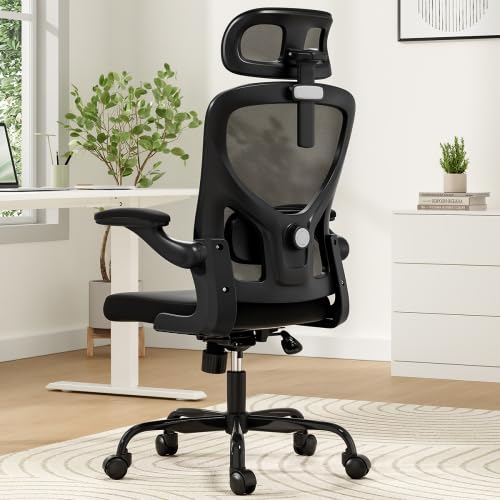 Office Desk Chair Computer High Back Mesh Gaming Seat with Ergonomic Adjustable Comfy Flip-up Armrests Lumbar Support Height for Home Office (Black 1) - color: Black 1
