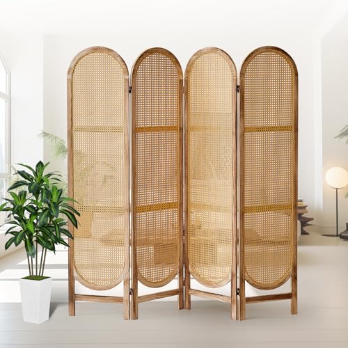 4 Panel Rattan Room Divider, Folding Room Divider Screen, Natural | Pine Wood Frame Freestanding Privacy Screen, Arched Room Separator for Bedroom Office, Light-Filtering Privacy, Easy to Move - color: 4 Panels Natural, size: 4 Panels