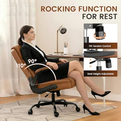GTPLAYER PU Leather Office Chair, Home Desk Chair with Flip-up Arms, Brown | Ergonomic Back, Comfy Executive Chair for Home Office Gaming, Flexible Rocking, Heavy Duty Chairs - color: Brown