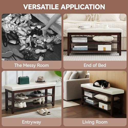 40" Entryway Bench, Shoe Storage Bench, White | Leather Cushion, Shoe Rack, End of Bed Bench for Front Door Entrance, Mudroom - color: White