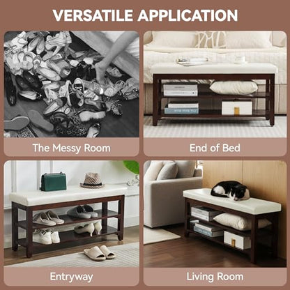 40" Entryway Bench, Shoe Storage Bench, White | Leather Cushion, Shoe Rack, End of Bed Bench for Front Door Entrance, Mudroom - color: White