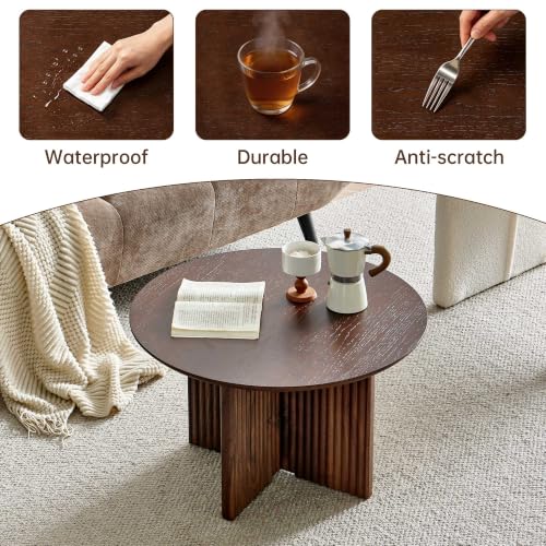 27" Round Coffee Table, Mid Century Modern Coffee Tables with Fluted Base, Wooden Circle Accent Center Table for Living Room Small Space Apartment Office, Walnut - color: Walnut, size: 27" Cross-leg Table