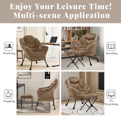 Lazy Chair with Ottoman, Comfy Reading Chair, Brown | Cushioned Seat with Foldable Ottoman and Side Pocket, Lounge Chair for Bedroom, Living Room, Dorm and Small Spaces - color: Brown
