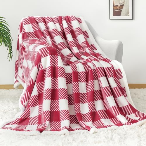 Sherpa Plaid Twin Blanket 60" X 70", Fuzzy Fluffy Soft Cozy Throw Blanket, Twin Size Plush Fleece Flannel Plush Microfiber Blanket for Couch Bed Sofa (RustRed) - color: Rustred