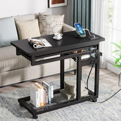 Tribesigns Small Portable Desk with Power Outlet, Height Adjustable Sofa Couch Bedside Laptop Table with Wheels, Mobile Standing Desk Rolling Computer Cart C Side Table with USB Ports - color: Black