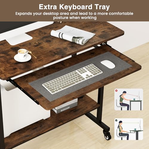 GOFLAME Mobile Computer Desk with Pull-Out Keyboard Tray, Compact Laptop Cart, Home Office Desk with Lockable Wheels, Writing Workstation, CPU Stand, Task Study PC Desk for Small Spaces, Study