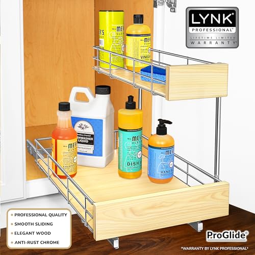 LYNK PROFESSIONAL® SELECT™ Pull Out Under Sink Kitchen Cabinet Organizer - 11.5 in. x 18 inch deep Drawer - Sliding Shelf Organizer and Undersink Storage Shelves - Lifetime Ltd. Warranty – Chrome - color: 11.5"W x 18"D Wood