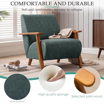 Home Accent Chair Mid Century Modern Accent Chair with Wood Frame, Faux Leather Upholstered Armchair, Reading Chair, for Living Room, Bedroom,Office,Comfy Guest Waiting Room Chairs Blue - color: Blue, size: Faux Leather