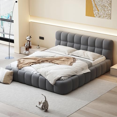 Merax Modern Tufted Plattform Bed Queen Linen Floor Bed Frame with Wingback No Box Spring Needed Gray - color: Dark Gray, size: Queen