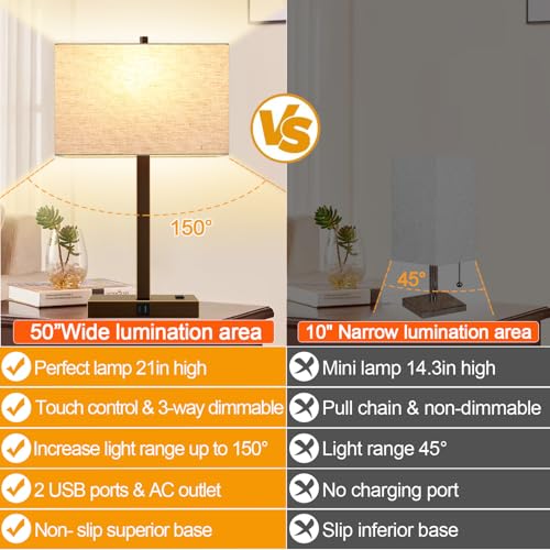 Lynnoland 21" Set of 2 Table lamp with USB A+C & AC Outlets, Touch Control 3-Way Dimmable Nightstand Lamps for Bedroom Living Room Office Reading, Line Shade Touch Lamps, 3000K LED Bulbs Included - color: (2 Pack)Nature Line & Bronze with Gold Edge (Base)