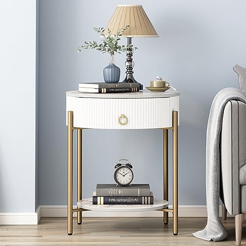 OIOG Round End Table, Nightstand with Storage, Marbling Natural Stone/Gold | Side Table with Storage Drawer, Shelf, Metal Legs, 2 Tier, Modern Design, For Living Room, Bedroom, Office,White and Gold - color: Gold