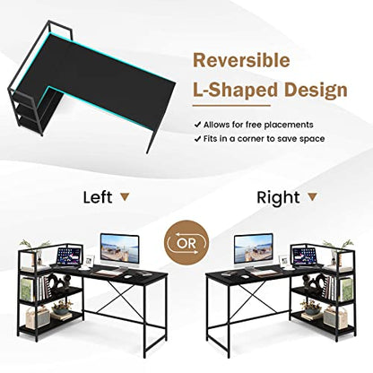 Tangkula Reversible L-Shaped Computer Desk, Space Saving Corner Desk with 3-Tier Storage Shelves & Metal Frame, Modern Executive Home Office Desk, PC Laptop Desk Workstation for Small Space (Black)