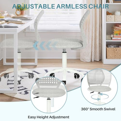 FurnitureR Small Armless Desk Chair with Rolling Wheels, Compact Adjustable Height Swivel Study Computer Task Chair with Breathable Back and Padded Seat for Kids Teens, Light Gray - color: Light Gray