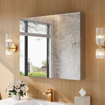36" x 30" Bathroom Medicine Cabinet with Mirror, Recessed or Wall Mount | Medicine Cabinets with Adjustable Glass Shelves, Soft-Closed Hinge, Chrome Aluminum Frame, Reverse Installation - size: 36" x 30"