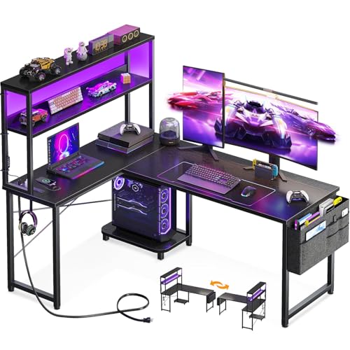 AODK L Shaped Desk Gaming Desk with LED Light & Power Outlet | 53 Inch Black Reversible L Shaped Computer Table with Shelf & Storage Bag & Hook for Home Office - color: Black, size: 53 Inch
