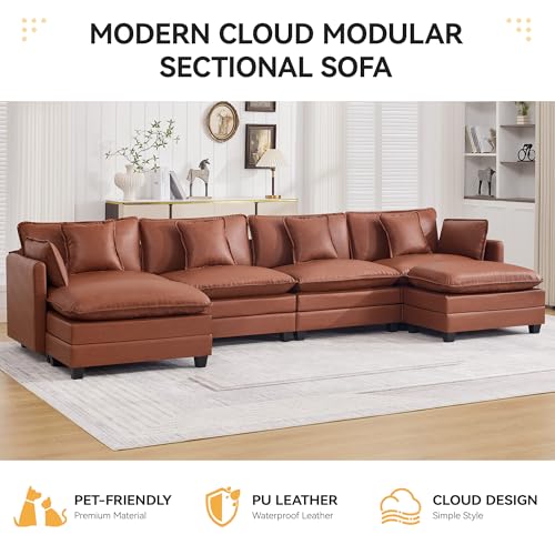 147'' Sectional Cloud Deep Seat Couch, Oversized Leather U Shaped Sectional Sofa for Living Room Set, Comfy Upholstered Modular Sectional Sofa Couch with Movable Ottoman, Leather Brown - color: Pu-dark Brown, size: 147'' U Shape