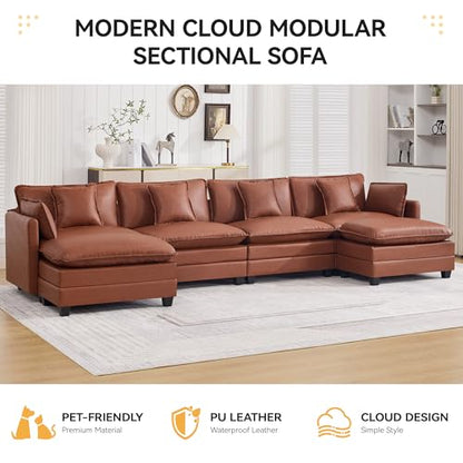 147'' Sectional Cloud Deep Seat Couch, Oversized Leather U Shaped Sectional Sofa for Living Room Set, Comfy Upholstered Modular Sectional Sofa Couch with Movable Ottoman, Leather Brown - color: Pu-dark Brown, size: 147'' U Shape