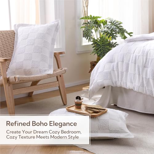 MR&HM King Size Comforter Set 7 Pieces, Checkered Boho Tufted Bed Set White | Farmhouse Vintage Bed with Plaid Geometric Design, All-Season Bed in A Bag Comforter with Sheets, Pillow Shams & Pillowcases - color: 3- White-checkered, size: King
