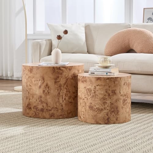 Ya-Home Round Coffee Tables Side Table Set of 2, Wood Nesting End Table for Living Room Balcony Office, Natural Burl Color, No Assembling - color: Natural Burl Color