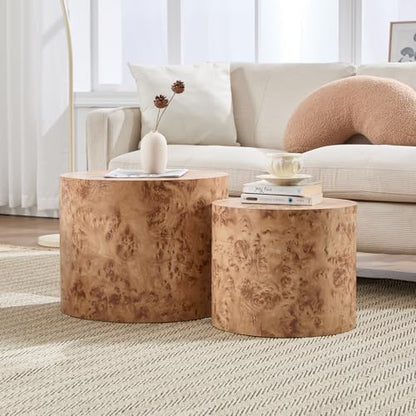 Ya-Home Round Coffee Tables Side Table Set of 2, Wood Nesting End Table for Living Room Balcony Office, Natural Burl Color, No Assembling - color: Natural Burl Color