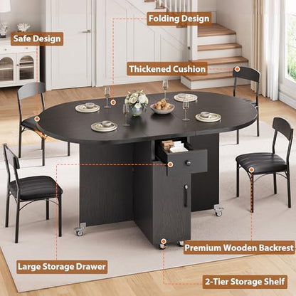 Jocoevol Round Folding Dining Table for 6, Space Saving Drop Leaf Kitchen Table with Storage Drawer, 6 Wheels Oval Gateleg Foldable Dining Table for Small Spaces (Black, 51" x 31.5" x 30") - color: Black