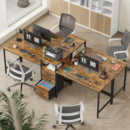 GYIIYUO 93'' Two Person Desk with Charging Station, Long Desk with 3 Drawer | Double Computer Desk with Printer Shelf, 2 Person Writing Study Table Workstation for Home Office, Rustic Brown - color: Rustic Brown