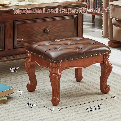 Foot Stools Ottoman, Small Vintage Leather Footstool for Living Room, Solid Wooden Ottoman Foot Rest,Shoe Change Bench at the Entrance (Warm Brown) - color: Warm Brown