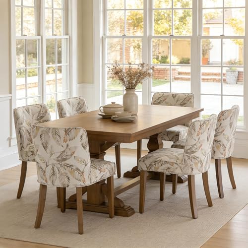 Dining Room Chairs Set of 6, Linen Fabric Floral Pattern Kitchen Chairs with Walnut Wood Leg Cushioned Back Modern Rustic Side Chairs for Living Room/Kitchen/Dining/Restaurant - color: Linen- Beige Pattern, size: 6 Chairs