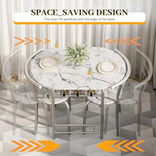 Shahoo 3-Piece Dining Table Set for 2, Kitchen Breakfast Nook Set | 2 Chairs & Round Tabletop, Space Saving Wooden Furniture Metal Frame and Built-in Wine Rack, Marble White - color: Marble White