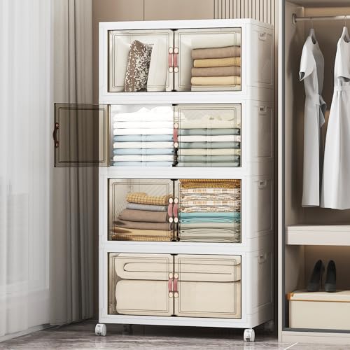 Stackable Storage Bins, 448QT Collapsible Drawers with Lid & Wheels | Large Capacity, Magnetic Door, Stack Lock, Rolling Casters, Foldable Design, Organizers and Storage for Bedroom Dorm Garage - color: White-112qt, size: 4Pack with 1 top lid