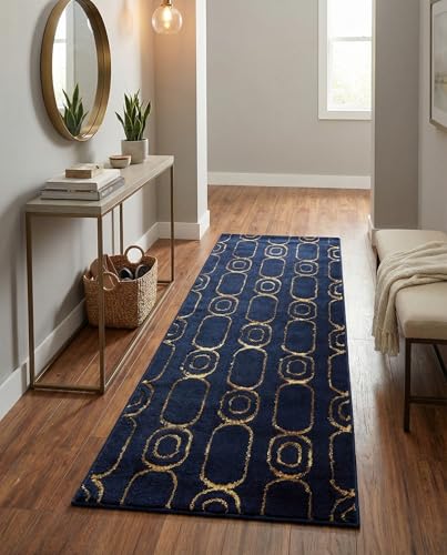 Rugs.com - Vogue Geo Rug – 5 Ft Runner Navy Blue and Gold Easy-Clean Stain-Resistant Rug – Modern Geometric Accent for Hallways, Entryways, and Bedrooms - color: Navy Blue and Gold, size: 2' x 5'1" (Runner)
