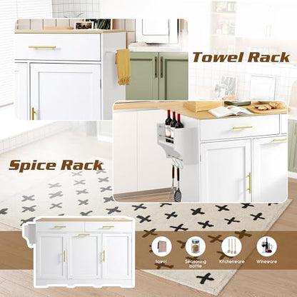 60" Kitchen Island with Power Outlet, Drop Leaf, Trash Can Storage | Rolling Kitchen Island Table Cart Cabinet with Drawer, Mobile Kitchen Cabinet on Wheels w/Spice Rack, Towel Bar, Hooks - color: White, size: 60"