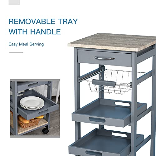 HOMCOM Mobile Kitchen Cart with Storage Solid Wood Frame Utility Cart Gray | Rolling Kitchen Island, Wire Fruit Baskets, Trays, Drawer - color: Grey