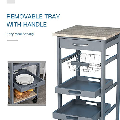 HOMCOM Mobile Kitchen Cart with Storage Solid Wood Frame Utility Cart Gray | Rolling Kitchen Island, Wire Fruit Baskets, Trays, Drawer - color: Grey