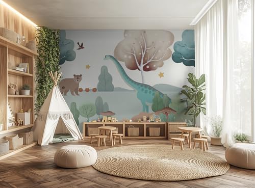 ASJ Dinosaur Peel and Stick Wallpaper Mural, Nursery Woodland Mint Green | Seamless edge-to-edge match. Bear mushroom nature artwork, 139x94 in, premium fabric, boys girls room playroom. - color: mint green, size: 139" x 94"