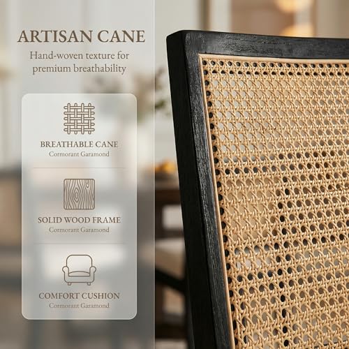 HNY Farmhouse Rattan Dining Chairs Set of 6, Black Solid Hardwood Frame, Upholstered Linen Seat, Ergonomic Cane Back Dining Room Chairs for Kitchen, Dining Room, Apartment, Beige - color: Black