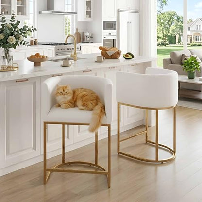 HNY Modern Barrel Counter Height Gold Clearance Bar Stools Set of 2, 24 Inch Kitchen Bar Stools with Back, PU Leather Barstools Bar Height for Island with Golden Metal Tubular Frame, White - color: 24inch ,White,gold Base