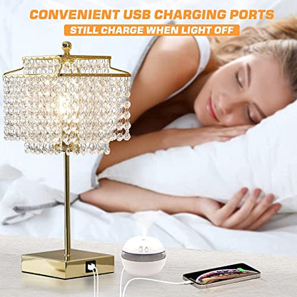 Luvkczc Crystal Touch Table Lamp, Bedside Lamps with with USB C+A Ports, Gold Bedroom Lamp, Dimmable Lamp with Crystal Shade, Nightstand Lamps for Bedroom, Living Room, Bulb Included - color: Gold01